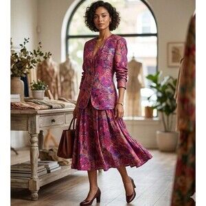 Vtg 80's 2 Piece George Georgiou 100% Silk Colorful Artsy Paint Print Skirt Suit